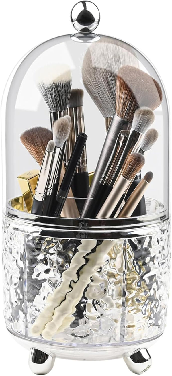 Makeup Brush Holder with Lid, 360 Rotating Cosmetic Tools Organizer for Vanity, Waterproof & Dustproof
