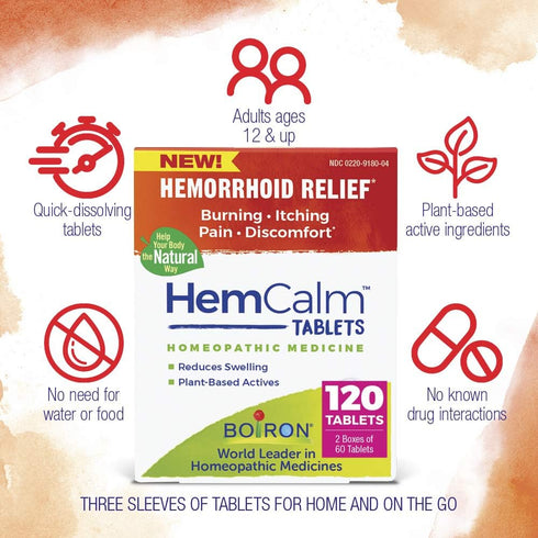 Boiron HemCalm Tablets for Hemorrhoid Relief - 120 Count for Pain, Itching, Swelling