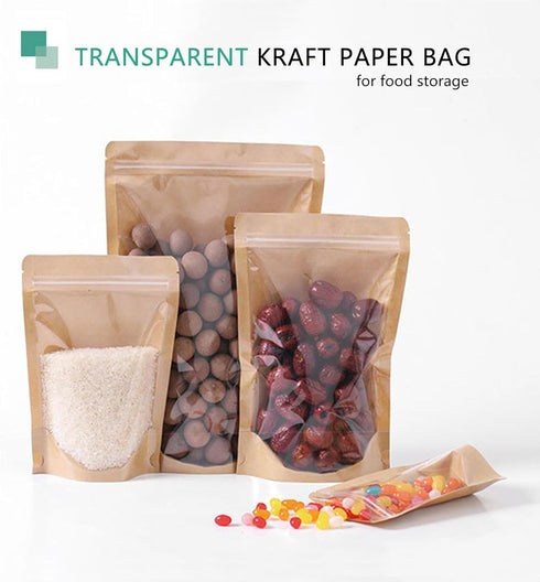 50pcs Kraft Bags With Window Clear Fornt Pouches Resealable Stand Up Zip Lock Food Storage Bags Brown 6.2"x8.6" by HIBCIGA