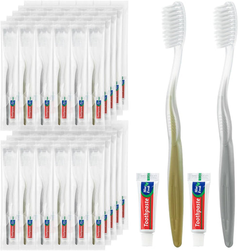 Disposable Toothbrushes with Toothpaste, Gold and Silver Toothbrush Disposable Bulk, Individually Packaged,
