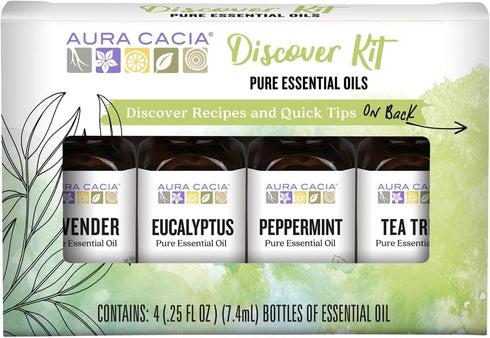 Aura Cacia Essential Oils Kit, 4-Pack - Lavender, Eucalyptus, Peppermint & Tea Tree, Excellent Starter Set
