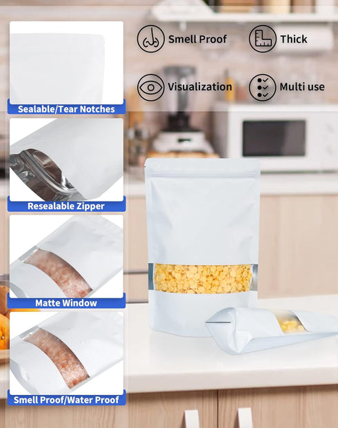 100 Pack Smell Proof Bags, 4.7" x 7.9" Resealable Foil Pouch Stand Up Sealable Bags with Matte Window for Packaging