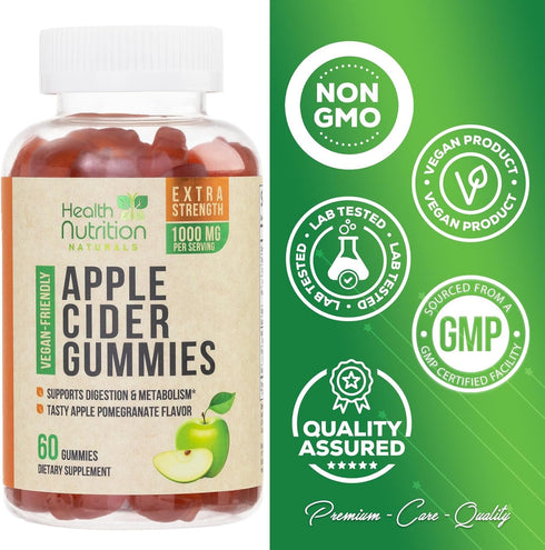 Vegan Apple Cider Vinegar Gummies, Max Strength 1000mg, 60 Gummies | ACV Supplement for Adults, Supports Digestion
