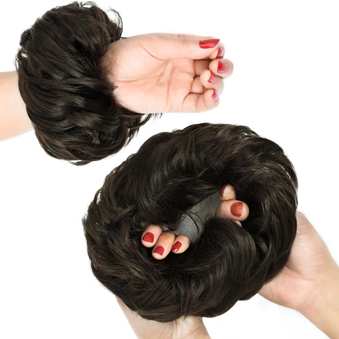 Rose Bud Messy Bun Hair Pieces for Women, Curly Messy Bun Scrunchie, Dark Brown Hair Bun Extension