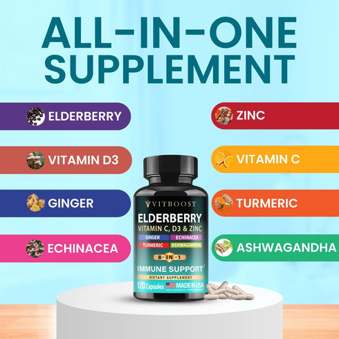 Immune 8-in-1 5000 120 Elderberry Support Supplement Formula with Echinacea, Vitamin C & Zinc, Vitamin D IU, Turmeric