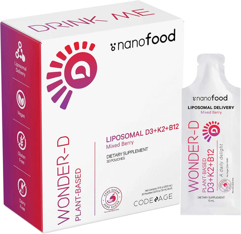 Codeage Liposomal Vitamin D3 Liquid Supplement - Vegan Multivitamin Sachets, Berry Flavor, 30 Pouches