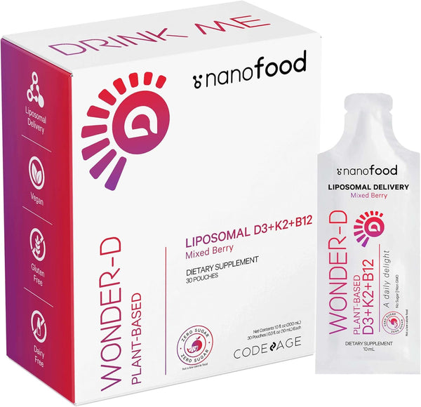 Codeage Liposomal Vitamin D3 Liquid Supplement - Vegan Multivitamin Sachets, Berry Flavor, 30 Pouches