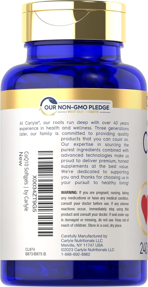Carlyle CoQ10 100mg | 240 Softgels | Mega Q-Sorb Coenzyme Q-10 with Black Pepper Extract | Non-GMO, Gluten Free