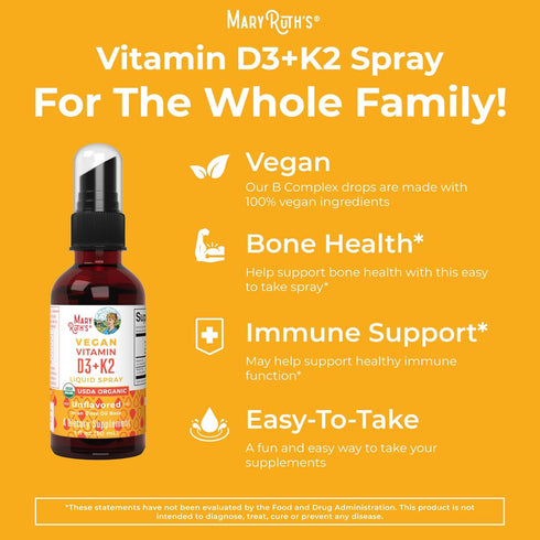 MaryRuth Organics Vitamin D3 K2 Spray, Vegan Liquid Supplement for Adults & Kids, Calcium Absorption, 1 Fl Oz