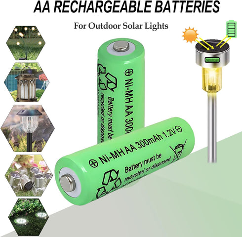 Zsolarigt 300mAh 1.2V 10 Pack,1.2 Ni-Mh AA Solar Light Rechargable Batteries Volt Double A Battery for Outdoor Garden