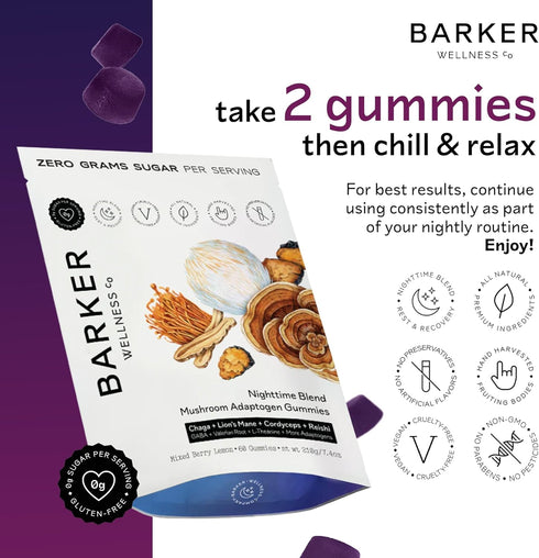 Gummies 60 Count Barker Wellness Nighttime Vegan Sugar-Free Adaptogen Mushroom Reishi, Lion's Mane, Chaga, Cordyceps