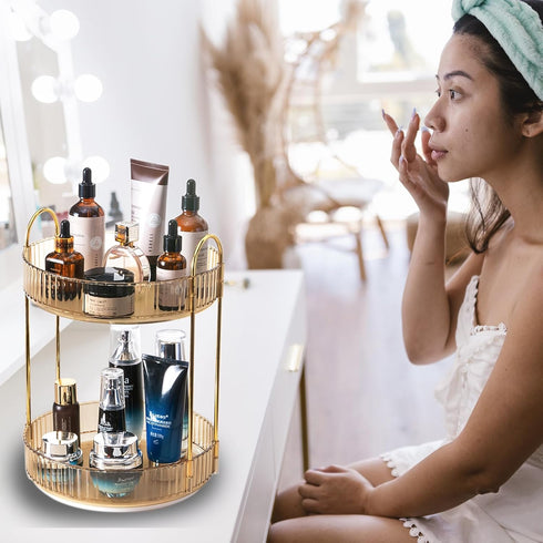 Rotating Makeup Organizer - 2 Tier Lazy Susan Trays for Skincare & Perfume, Amber Gold Bathroom Counter Vanity