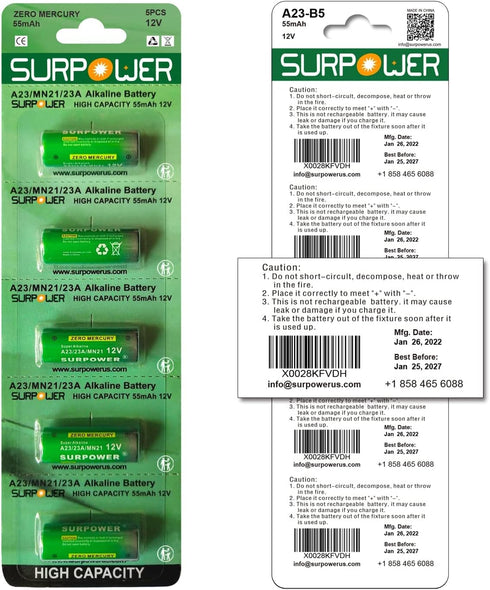 ?5-Year Warranty?SURPOWER A23 23A 23AE 12V Alkaline Battery A23s - 5 Pack
