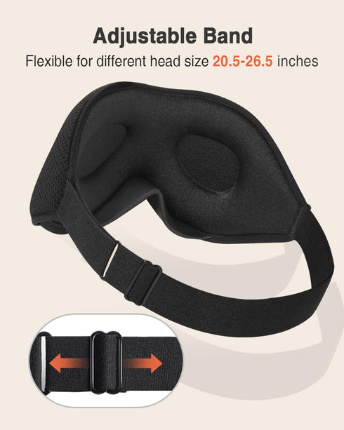 Sleep Mask, Eye Mask for Sleeping, 3D Contoured Cup No Eye Pressure, 100% Blocking Light, Adjustable Strap, Black