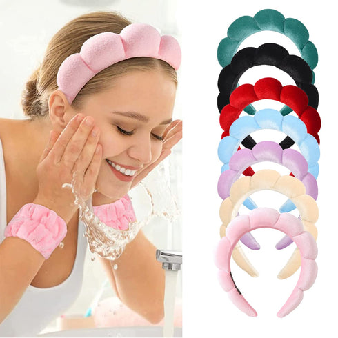 Spa Headband for Washing Face, Velvet Makeup Headband with Face Wash Wristbands, Red Sponge Puffy Headband