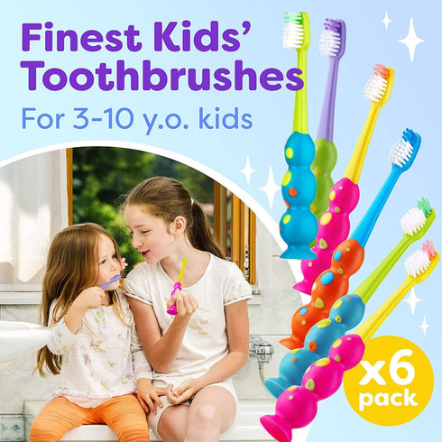 Kids Toothbrush 6 Pack - Soft Contoured Bristles, Child Sized Brush Heads (3-10 Years), Multi-Color Set