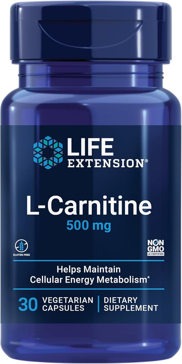 Life Extension L-Carnitine, 500 mg Energy Supplement, Memory Support, 30 Capsules