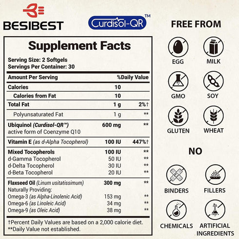 Ubiquinol CoQ10-600mg-Softgel - Active CoQ10 Supplement with Vitamin E & Omega 3, 120 Count