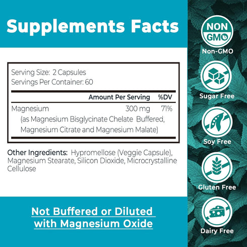 Triple Magnesium Complex Supplement, 300mg Magnesium Glycinate, Malate & Citrate for Muscles, Nerves, Energy