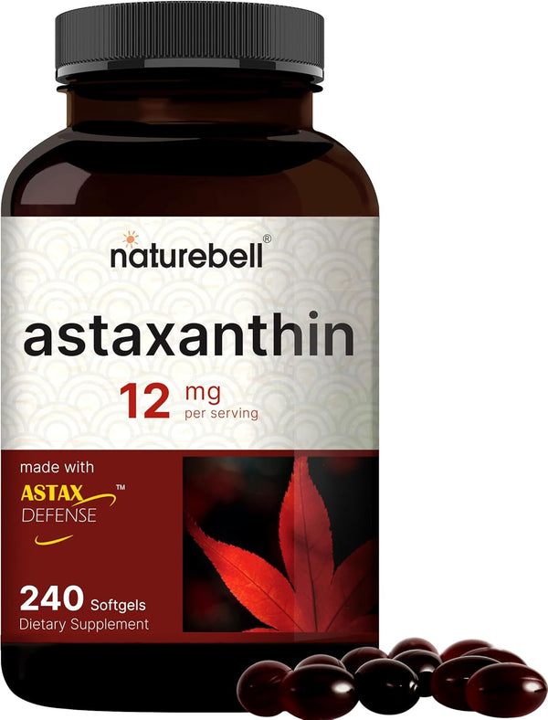 NatureBell Astaxanthin 12mg, 240 Softgels | Natural Antioxidant from Microalgae for Eye, Skin & Cellular Health, Max