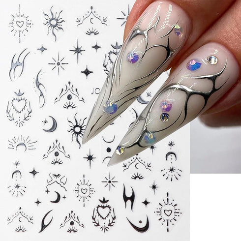 Laser Silver Nail Art Sticker Decal, Sun Moon Butterfly Design, 3D Self-Adhesive Nail Art Supplies, 6 Sheets