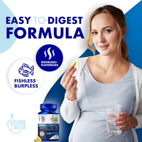 Vegan Prenatal DHA, EPA, & Omega3, Qwell Better Than Fish Oil Supplements, 60Ct for Brain Development