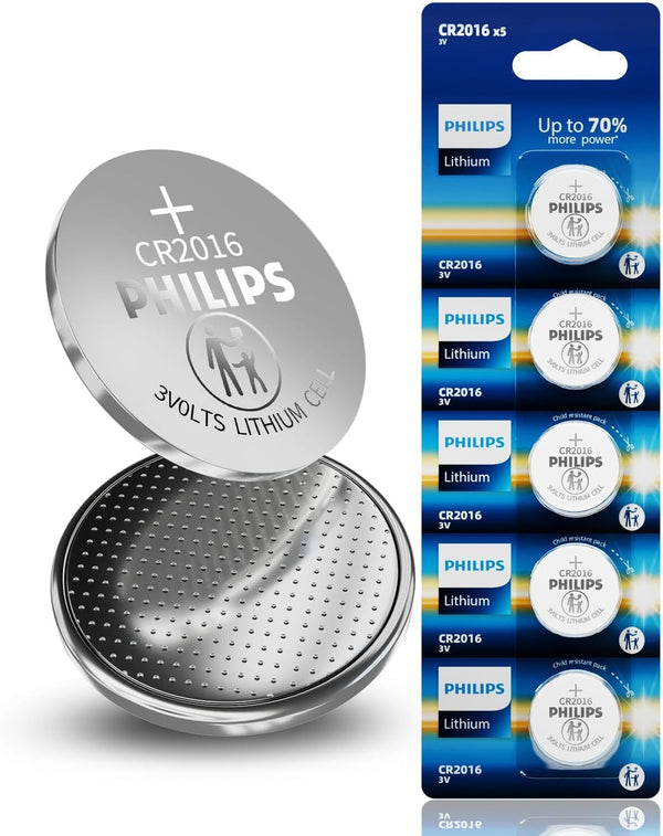 Philips CR2016 3V Lithium Coin Battery (5-Pack) - CR2016 Battery for Slim Remotes,