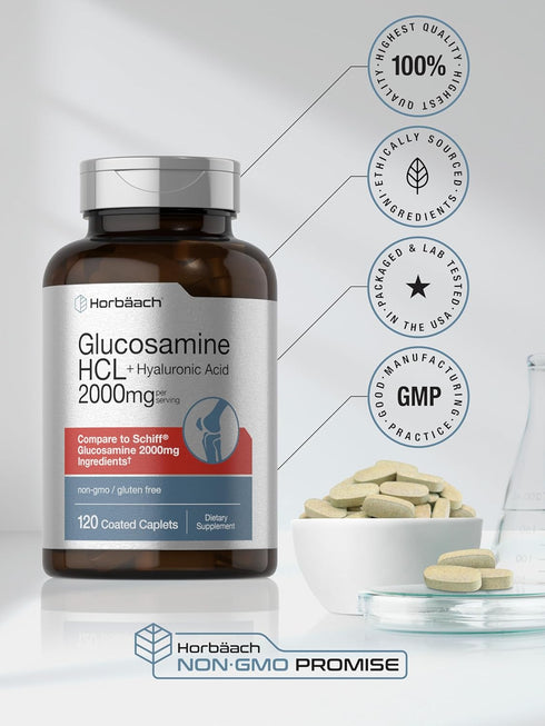 Horbaeach Glucosamine HCL with Hyaluronic Acid | 2000mg | 120 Coated Caplets | Non-GMO, Gluten Free