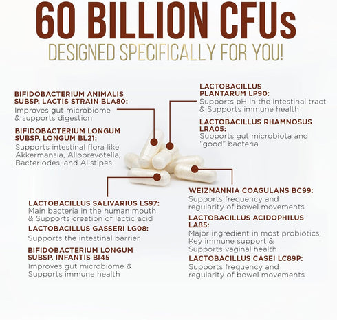 Probiotics 60 Billion CFU - 10 Probiotic Strains, Prebiotics, & Digestive Enzymes - Supports Immune & Digestive Health