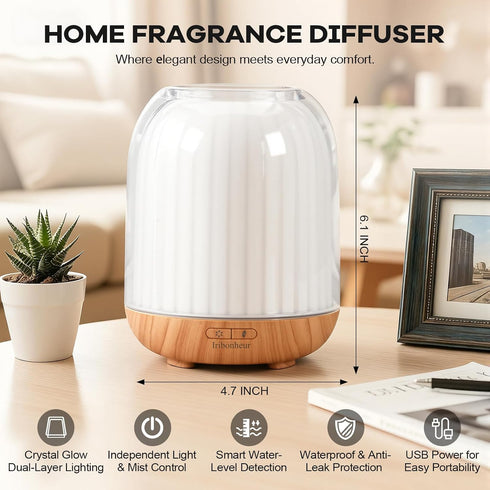 Iribonheur 120ml Essential Oil Diffuser with Night Lamp | USB Portable Aroma Diffuser with Wood-Grain Base & Glass-Look