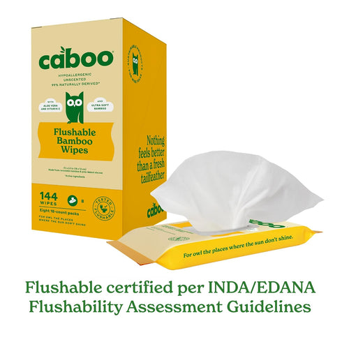 Pack 8, 144 Caboo Tree Free Flushable Wipes, Travel Wipe, Certified Flushable, Septic Safe, Biodegradable Wipe