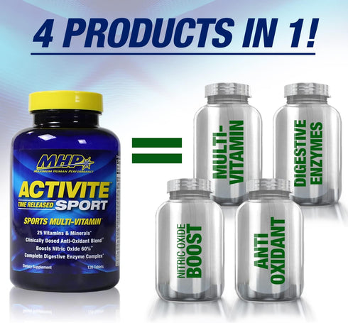 MHP Activite Sport Multi Vitamin, 120 Tablets, 25 Vitamins and Minerals, Nitric Oxide Booster, Digestive Enzymes,