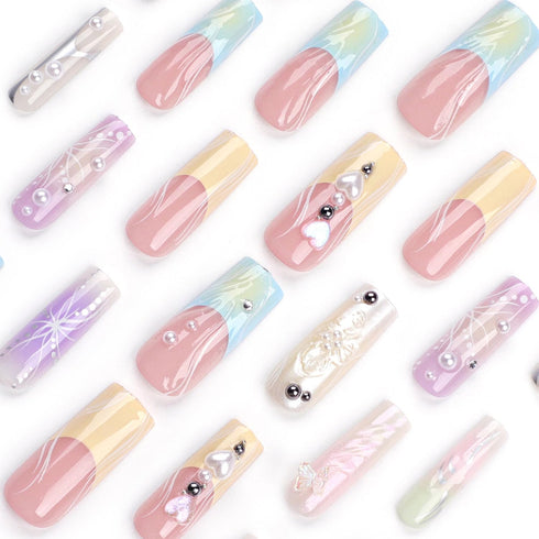 Long French Tip Press on Nails, 3D Pearl Fake Nails, Colorful Full Cover Acrylic Nails, Glossy Extra Long Stick on
