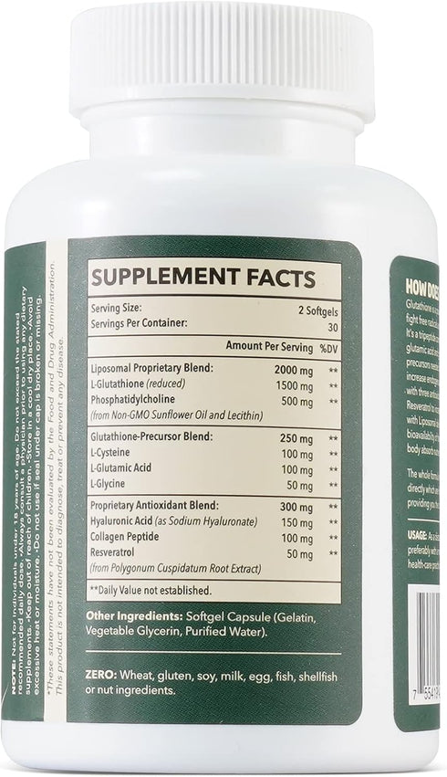 Liposomal Glutathione 2000 MG Supplement with Hyaluronic Acid, Collagen Peptide & Resveratrol, 60 Count