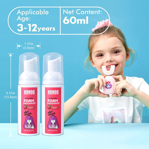 NOHOO Kids Foam Toothpaste, Fluoride Free Natural Formula for Electric Toothbrush, 2PCS Strawberry