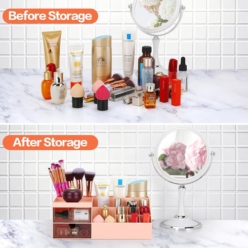 LETURE Cosmetic Makeup Vanity Organizer Box, Bathroom Counter Storage for Eyeshadows, Skin Care, Pink