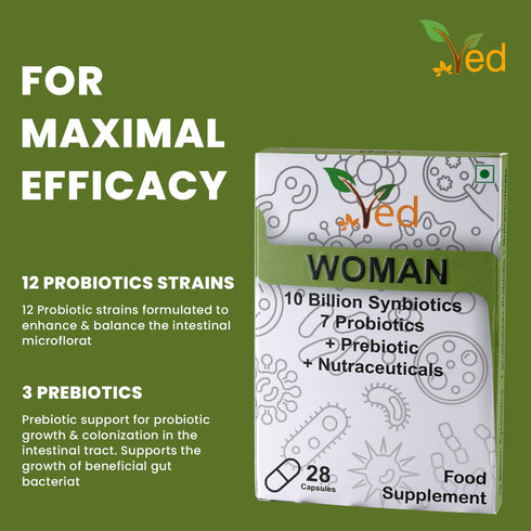 Ved Woman Complex Probiotics and Prebiotics - 10 Billion CFU, 28 Capsules with 20 Live Cultures for Children