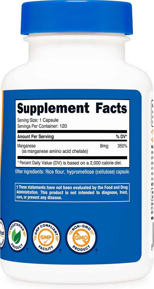 Nutricost Chelated Manganese Supplement 8mg - 120 Capsules, Amino Acid Chelate, Gluten Free, Non-GMO, Vegetarian