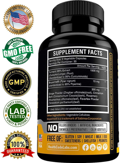 Turmeric Curcumin Supplement 19X Stronger -1500 mg of 95% Curcuminoids Extract Capsules -Most Active Form of Curcumin with BioPerine Ginger Cinnamon – Best Natural Joint Support Powder Pills