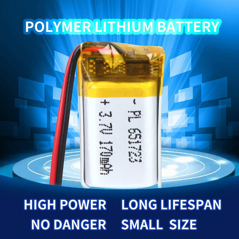3.7V 170mAh 651723 Lithium Polymer Ion Rechargeable Li-ion Li-Po Battery with 2P PH 2.0mm Pitch Connector