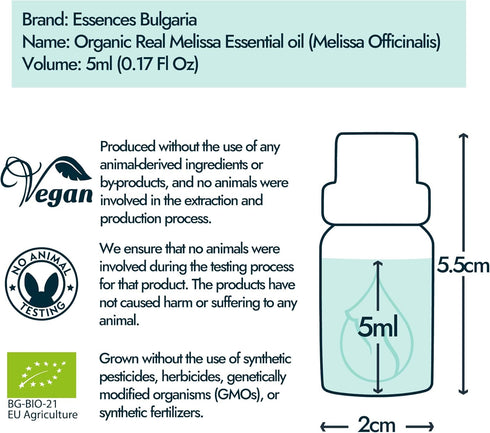 Essences Bulgaria Organic Melissa Essential Oil 1/6 Fl Oz | 5ml | 100% Pure, Natural, Undiluted, Therapeutic Grade