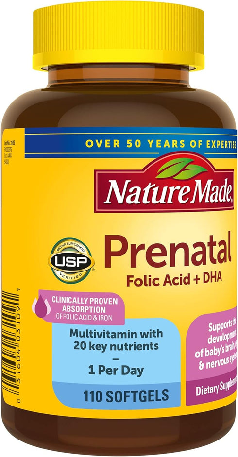 Nature Made Prenatal with Folic Acid + DHA, 110 Softgels for Daily Nutritional Support, 110 Day Supply