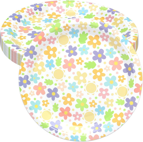 wonmon 30 PCS Disposable Easter Paper Plates, 9 Inch Round Colorful Easter Flower