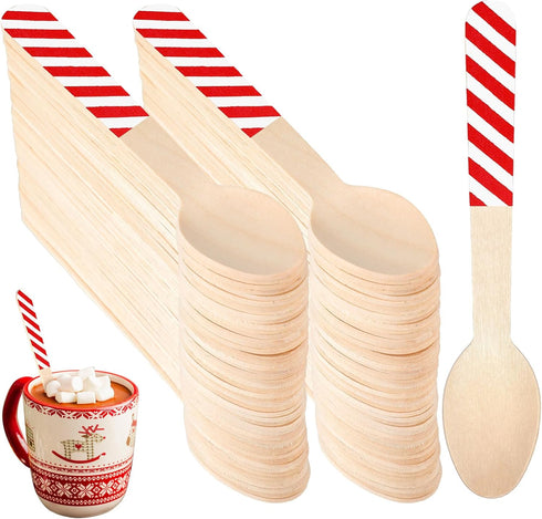 100 Pieces Christmas Disposable Wooden Spoons, 5.5'' Red White Stripe Pattern for Hot Chocolate, Cake, Ice Cream