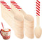 100 Pieces Christmas Disposable Wooden Spoons, 5.5'' Red White Stripe Pattern for Hot Chocolate, Cake, Ice Cream