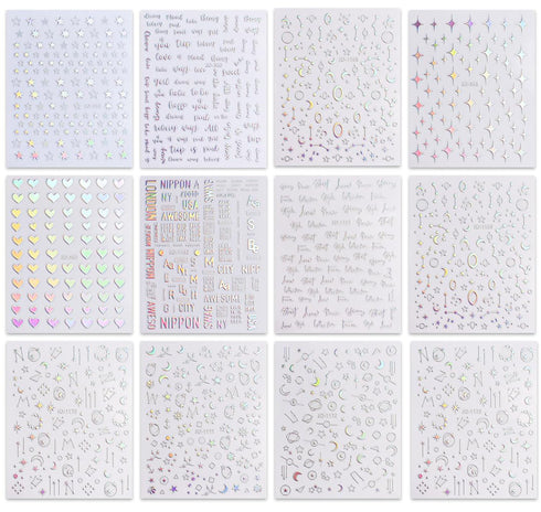 JMEOWIO 12 Sheets Aurora Nail Art Stickers Decals Self-Adhesive Glitter Holographic Star Heart Nail Design Accessories