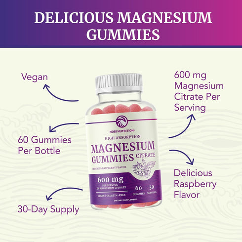 Magnesium Citrate Gummies, 600mg High Absorption for Calm, Relaxation & Digestion, Vegan, Raspberry Flavor, 60 Count