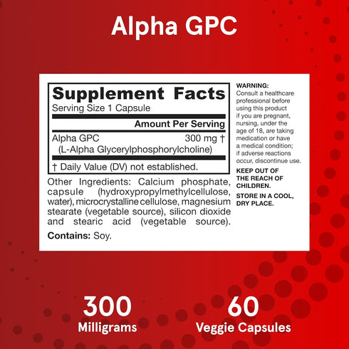 Jarrow Formulas Alpha GPC, 300mg, Dietary Supplement, Brain Health Supplements for Adults, 60 Veggie Capsules