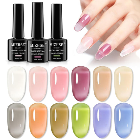 MIZHSE Jelly Gel Polish Set, 12 Colors Nude Translucent Spring Clear Pink Jelly Gel Nail Polish for Home Salon