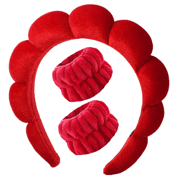 Spa Headband for Washing Face, Velvet Makeup Headband with Face Wash Wristbands, Red Sponge Puffy Headband
